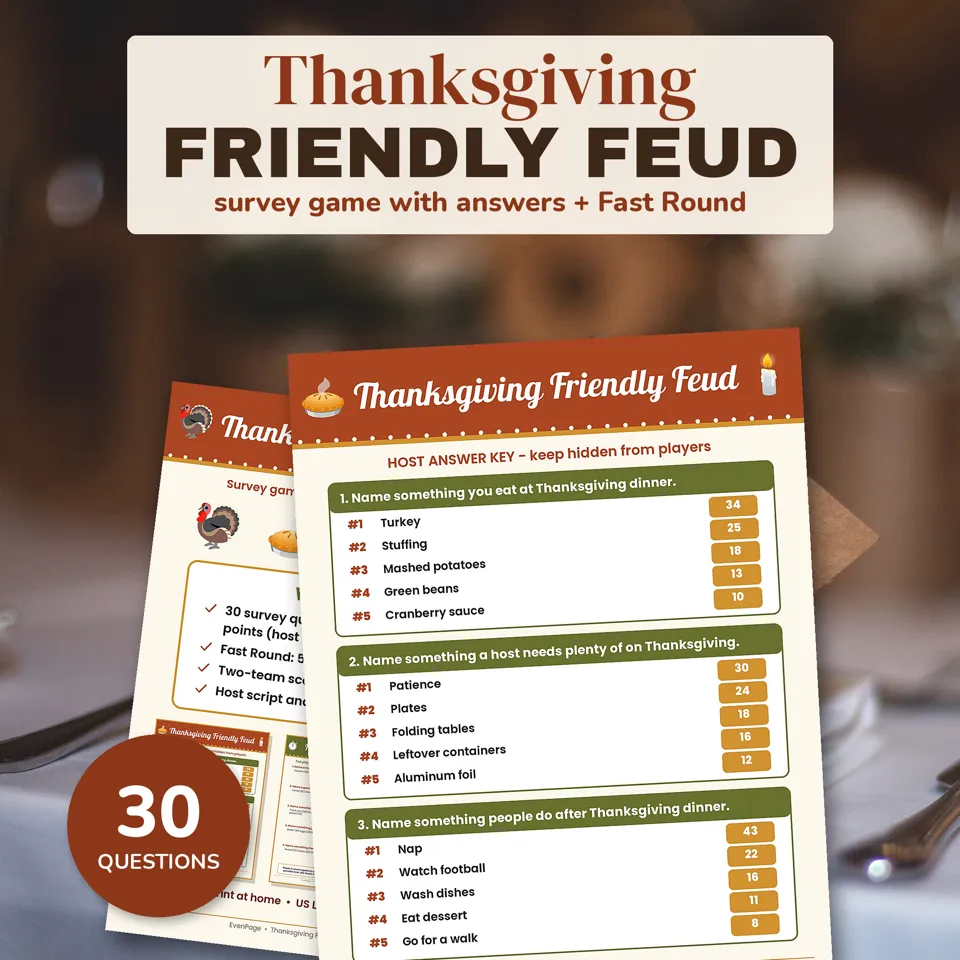 Thanksgiving Friendly Feud Game Printable, image 1 of 5
