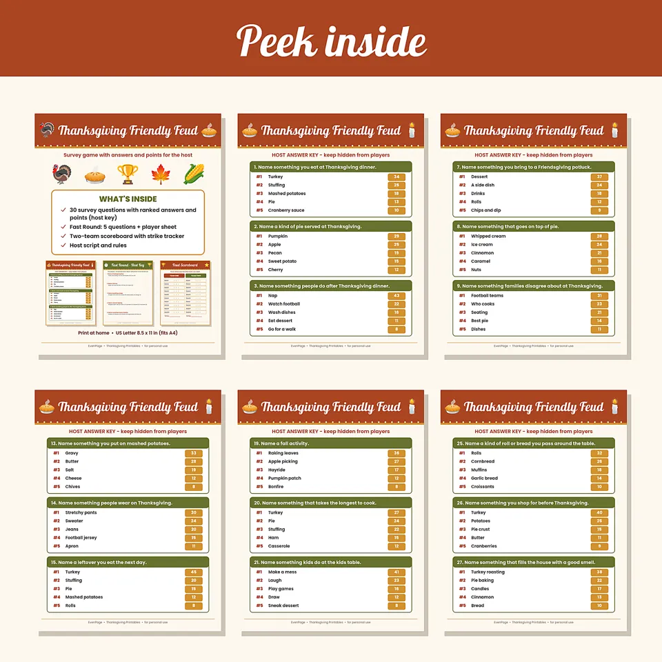 Thanksgiving Friendly Feud Game Printable, image 2 of 5